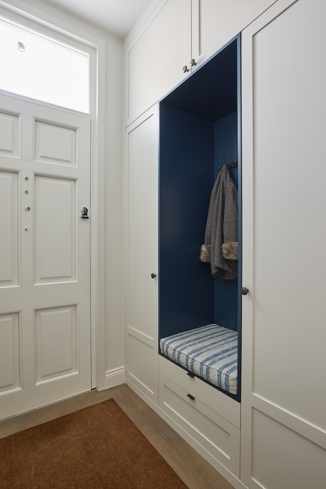 Bespoke hallway bench and storage unit handmade in our London workshop